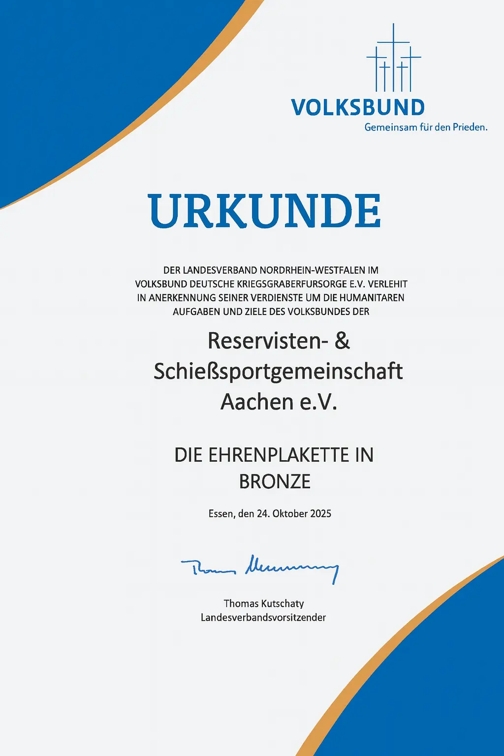Urkunde zur Verleihung der Ehrenplakette in Bronze